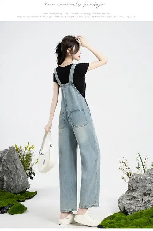 实拍樱桃天菜设计感牛仔背带裤女春新可爱减龄韩版宽松直筒连体裤