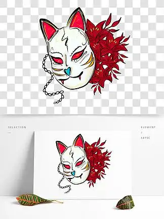 手绘日本狐狸面具花朵 i>插 /i> i>画 /i>