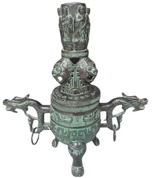 热卖古董古玩回流仿古装饰做旧电影道具双龙熏香炉摆件青铜器