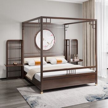 谭色新中式架子床实木双人现代简约四柱床主卧中国风轻奢拔步床定制