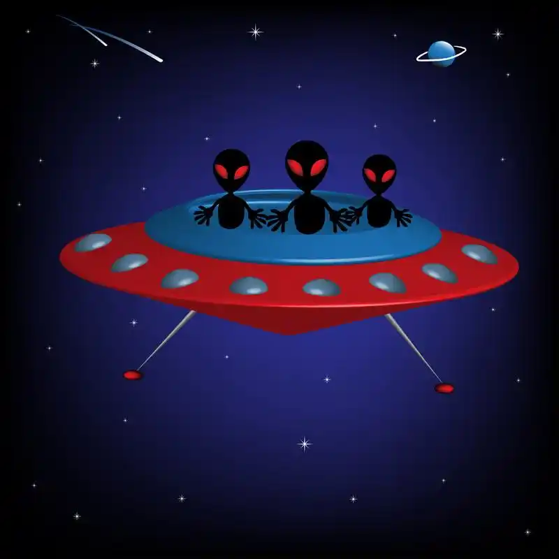 外星人,抽象多彩背景与通过空间飞行的外星飞船