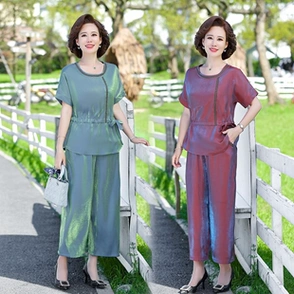 新款 年轻妈妈夏装 妇女 短袖 上衣中老年套装 中年洋气大码 - 女装