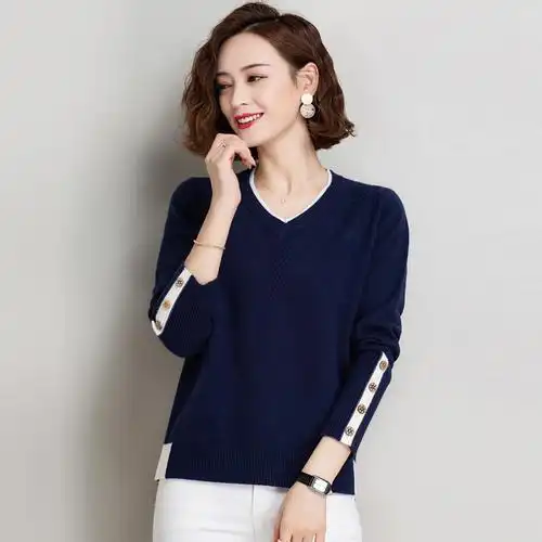 恒源祥羊毛衫女新款v领短款毛衣宽松显瘦外搭秋冬针织打底羊绒衫