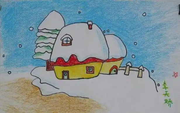 雪中的房屋 儿童画白雪,蜡笔画白雪
