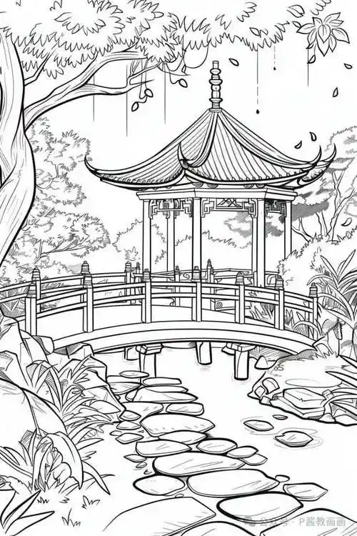 古风亭子和公园风景的线稿,难得一见!