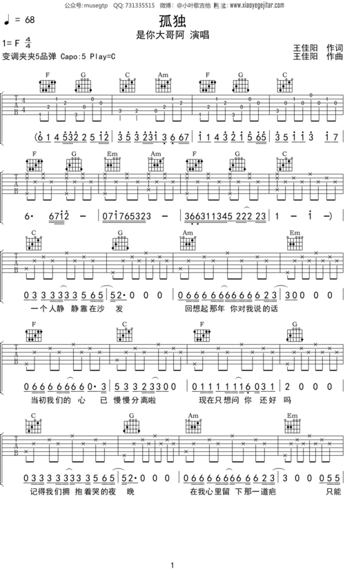 是你大哥阿 《孤独》吉他谱c调吉他弹唱谱