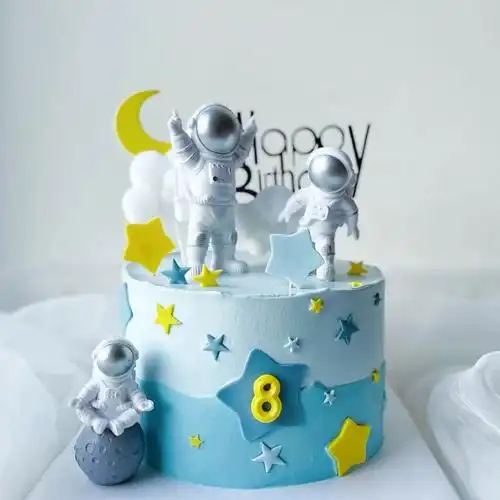 宇航员蛋糕装饰摆件3件套月球航天飞机儿童男孩坐月亮宇宙星球