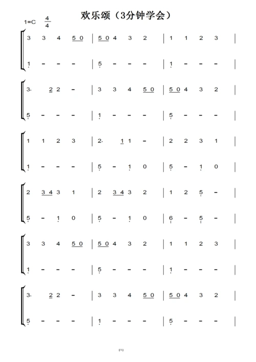 欢乐颂(3分钟学会)(原版)钢琴双手简谱 钢琴谱 钢琴简谱
