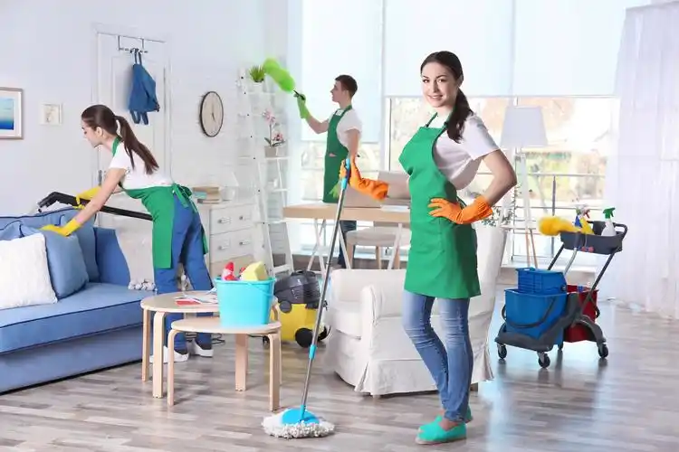 在客厅里进行的清洗保洁服务团队卡通家政元素打扫卫生用品洗衣机