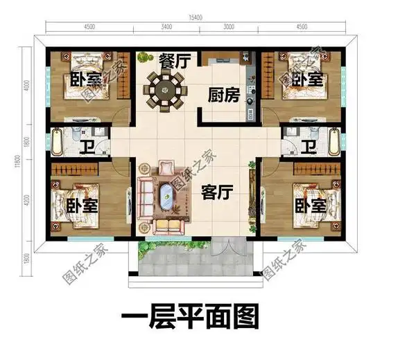 这一层图纸不管是外观还是内部布局都很适合农村建房占地面积:15.