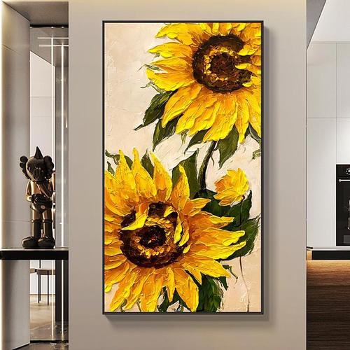 入户玄关装饰画竖版走廊尽头壁画入门过道简约挂画向日葵手绘油画