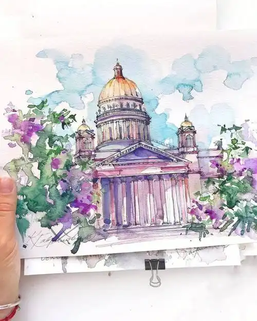 水彩插画风景绘画欧式建筑