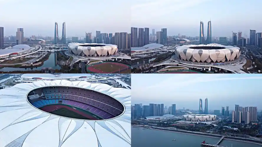 4k杭州地标奥体莲花碗城市之门航拍