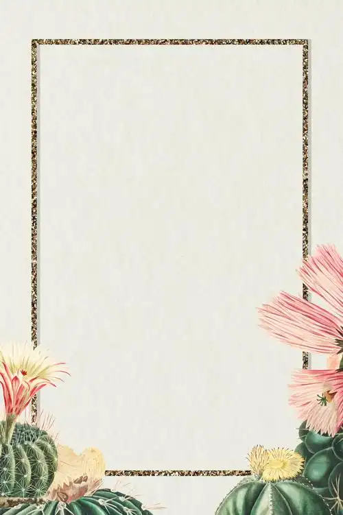 长方形金色框架与复古仙人掌纸背景设计元素
