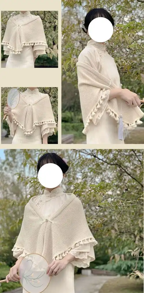 贺世哲旗袍外披小披肩复古盘扣披肩秋季民国风汉服针织围巾小外套旗袍