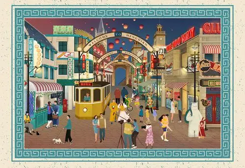 横店x小灰侠——百人共创横店长图,民国街部分|插画|商业插画|小灰侠