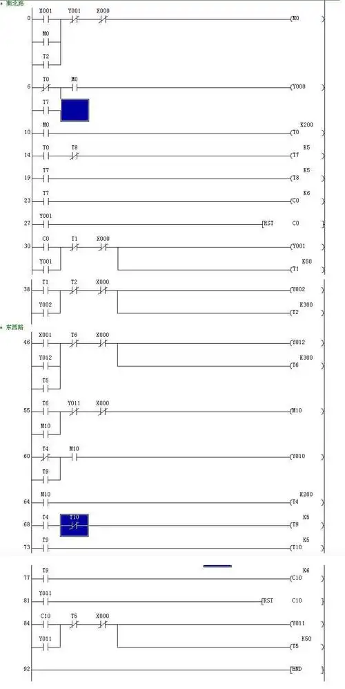 帮忙写一个十字路口两车道交通信号灯的plc程序