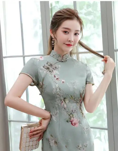2020新款改良雪纺中长款古典优雅印花中国风旗袍裙xgt2157