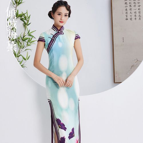 真丝麻短袖旗袍长款定制夏新款时尚盘扣月牙袖修身旗袍裙礼服 图片色