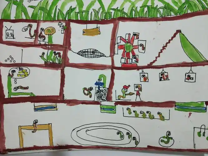 下午班小学段绘画主题《蚯蚓的房间》