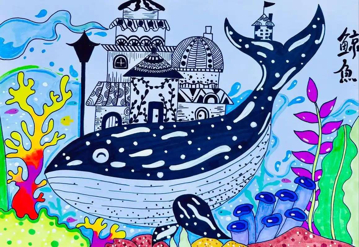 鲸鱼.鲸鱼创意画,黑白线描画#马克笔手绘 #爱画画的孩子 #