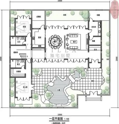一层平面二楼平面房子在东南角有一个庭院门,进屋后是前院,一个很大的