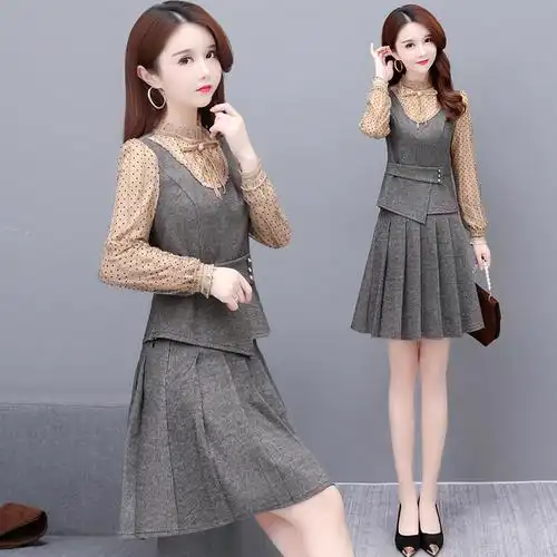 时尚碎花长袖两件套连衣裙2022春季新款气质显瘦小个子套装裙子