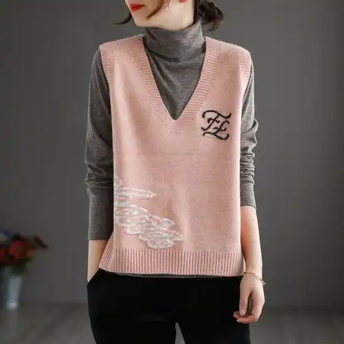 代勒原创~包芯纱螺纹v领针织背心女复古提花大码冬季新款套头马甲