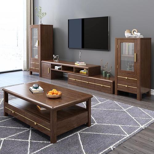 玺晴 实木组合电视柜胡桃木轻奢茶几电视柜高低酒柜简约小户型伸缩