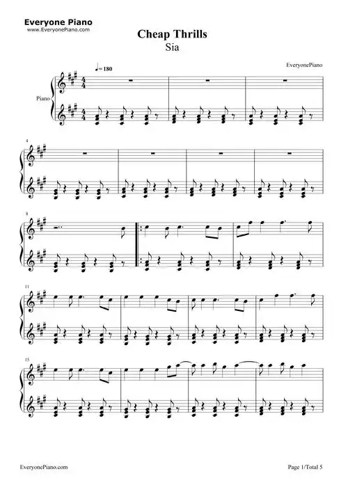 cheap thrills-sia-钢琴谱文件(五线谱,双手简谱,数字谱,midi,pdf)