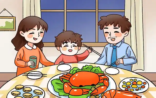 卡通手绘海鲜插画一家人海鲜聚餐原创插画海报