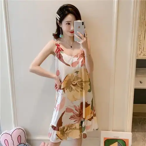 莫代尔吊带睡裙女夏季无袖带胸垫冰丝睡衣性感少女凉快薄款蕾丝女士仿