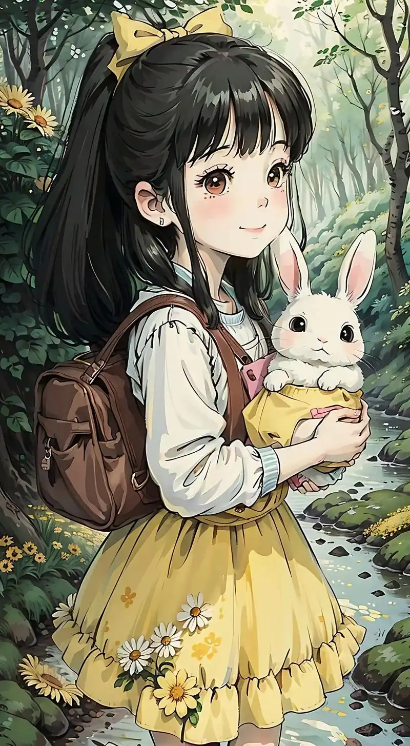 小女孩抱着小兔子在森林里漫步,阳光透过树叶照在她们身上,小女 - 抖