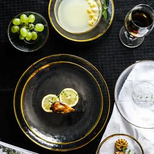 ins风金边玻璃餐具西餐牛排盘子沙拉平盘宴会牛排摆盘展示盘其他