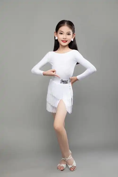 fzs舞服少儿拉丁舞秋冬长袖黑色后背交叉流苏拉丁舞练习套装