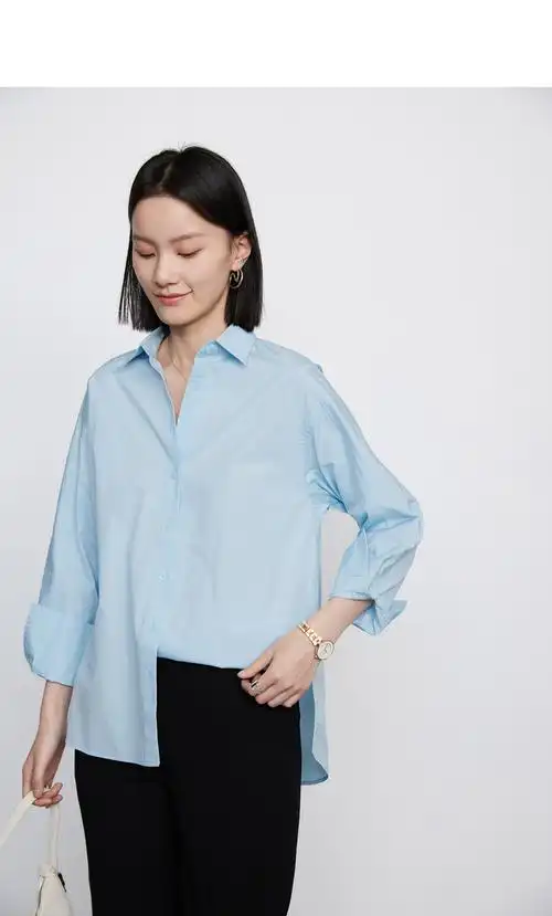 初棉120s府绸衬衫女全棉空气蓝连袖设计宽松bf风长袖衬衣春季新款白色