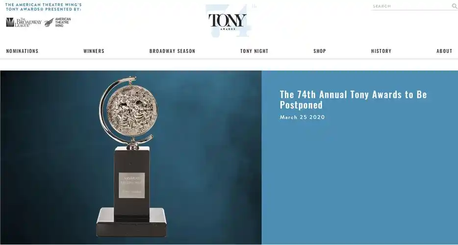 第74届托尼奖颁奖礼推迟将依据百老汇重开时间再定