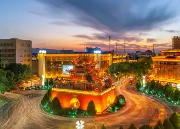 中国宁夏回族自治区中卫市鼓楼古建筑风光夜景航拍图