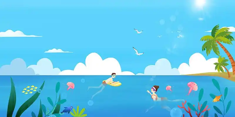 蓝色卡通手绘夏日大海游泳展板背景