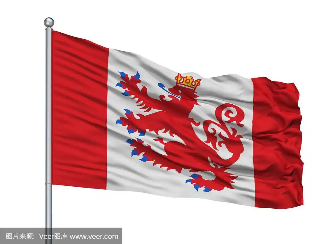 比利时圣维特市旗杆上的旗帜,白色背景上的孤立