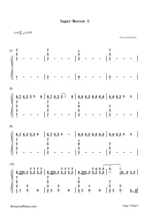 sugar-maroon 5双手简谱预览1