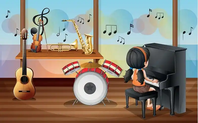 一个年轻的钢琴家在音乐教室里图片