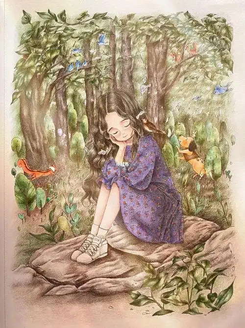 治愈插画森林女孩涂色书彩铅涂色