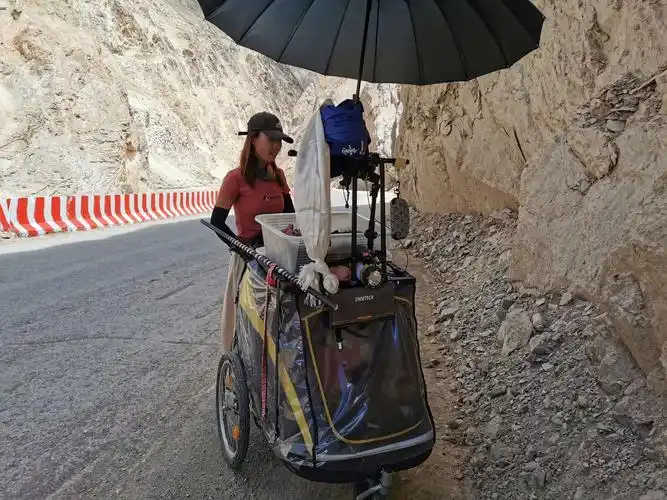 这位二十多岁的陕西妹儿,推着一个二百多斤重的车和一只小狗,徒步到了