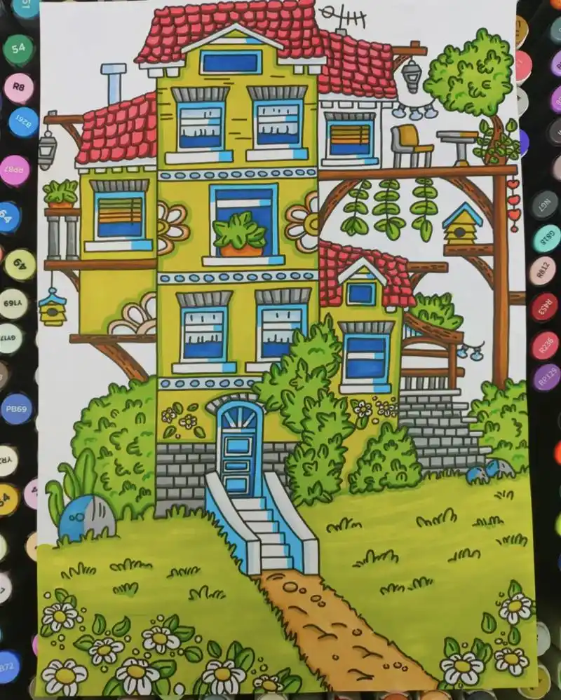 马克笔手绘 房子 快来试试吧马克笔装饰画.#儿童画素材 #线