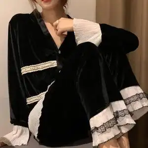 维密私语2020冬季新款黑色睡衣女网红ins丝绒喇叭袖家居服套装潮