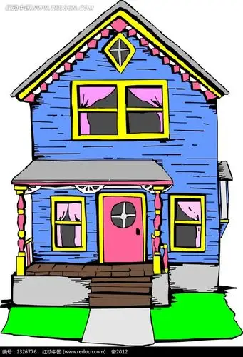 蓝色欧式别墅手绘线描画