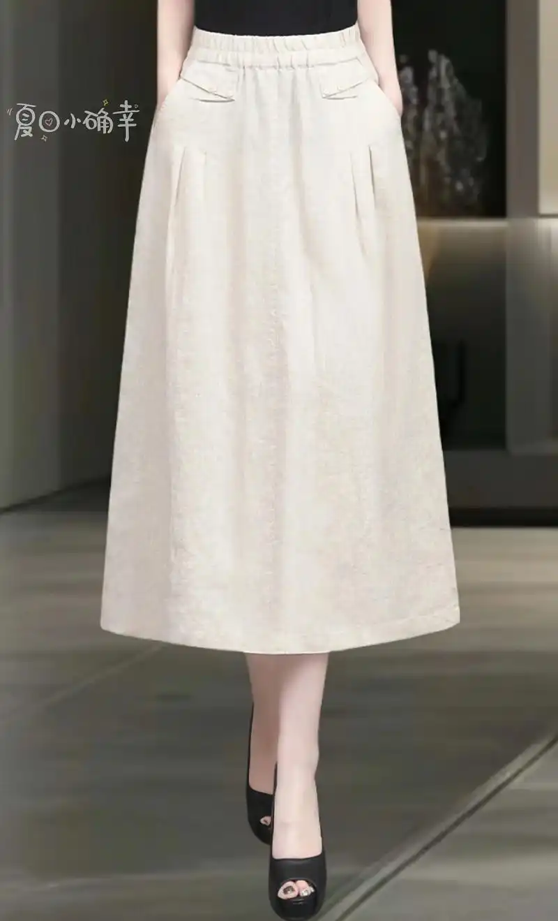 夏日必备!亚麻花苞裙,轻松遮肚又时髦 这款亚麻半身裙高腰设计