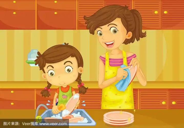 女孩帮妈妈洗碗