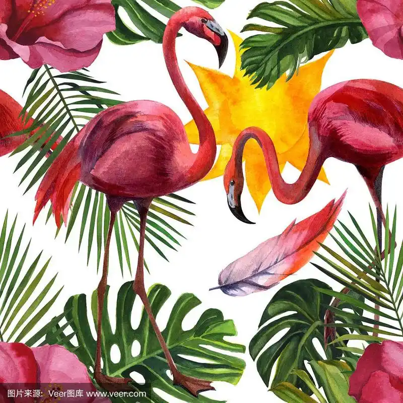 水彩热带野生火烈鸟图案.手绘丛林自然,花卉插画